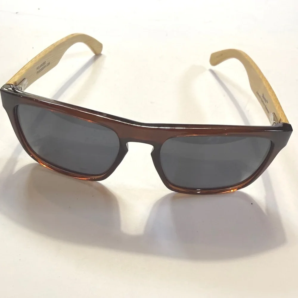 Pugs Shoots Polarized Sunglasses Dark Brown Square Frame Bamboo Wood Temples